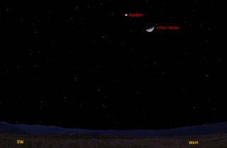 This sky map shows the location of Jupiter and the moon on Jan. 29, 2012 as they will appear together at 9 p.m. to skywatchers in mid-northern latitudes.