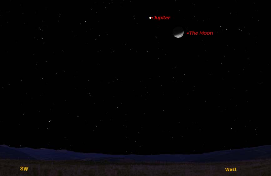 This sky map shows the location of Jupiter and the moon on Jan. 29, 2012 as they will appear together at 9 p.m. to skywatchers in mid-northern latitudes.