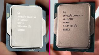 The Intel Core i7-14700K and 13700K being held by masculine hands