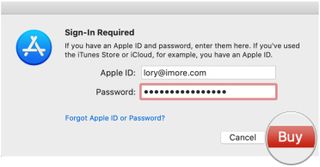 Sign up for Apple Arcade on Mac by showing steps: Enter Apple ID credentials, click Buy