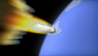An artist's illustration of China's Tiangong-1 space station falling to Earth as it burns up in the atmosphere. The spacecraft is expected to crash uncontrolled sometime overnight on April 1 or 2, 2018.