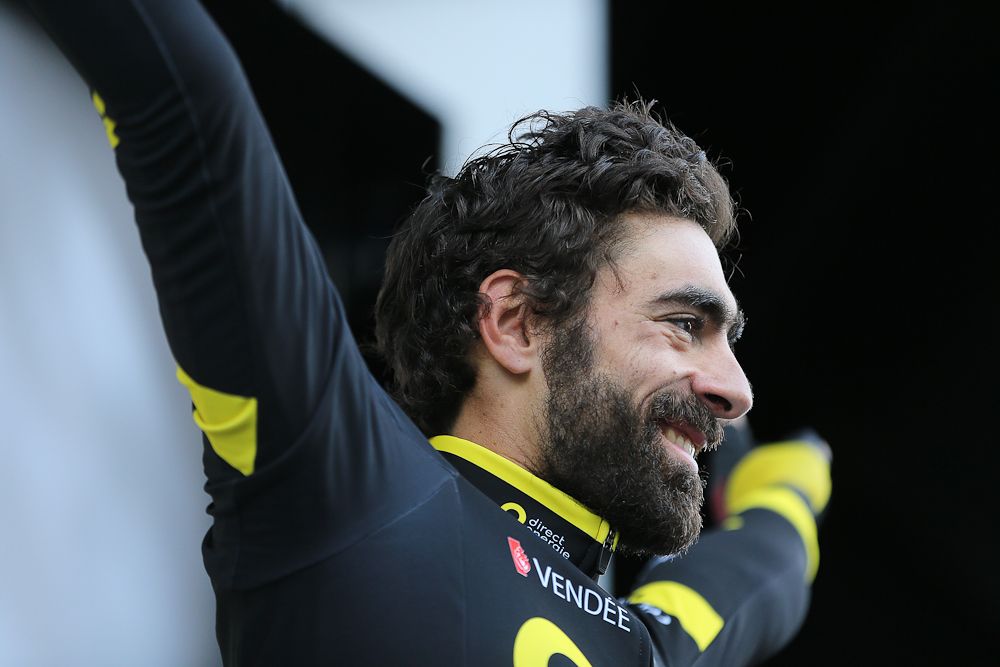 Jerome Cousin (Direct Energie) on the Paris-Nice podium after winning stage 5