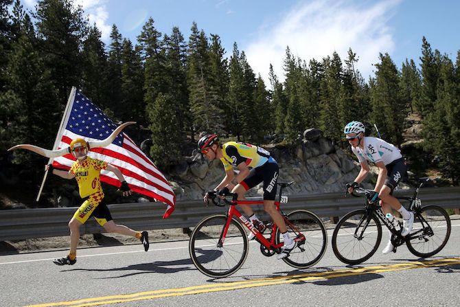BMC's Tejay van Garderen (BMC) gives it everything to protect his yellow jersey, followed by Sky's Tao Geoghegan Hart