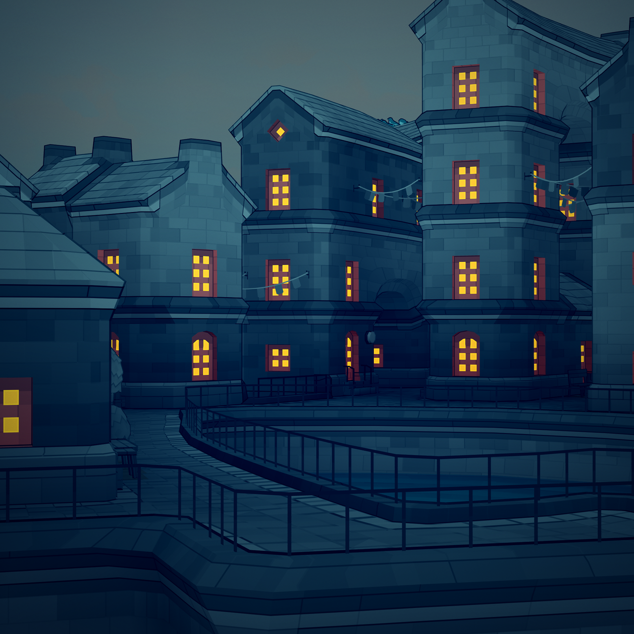 Townscaper town at night