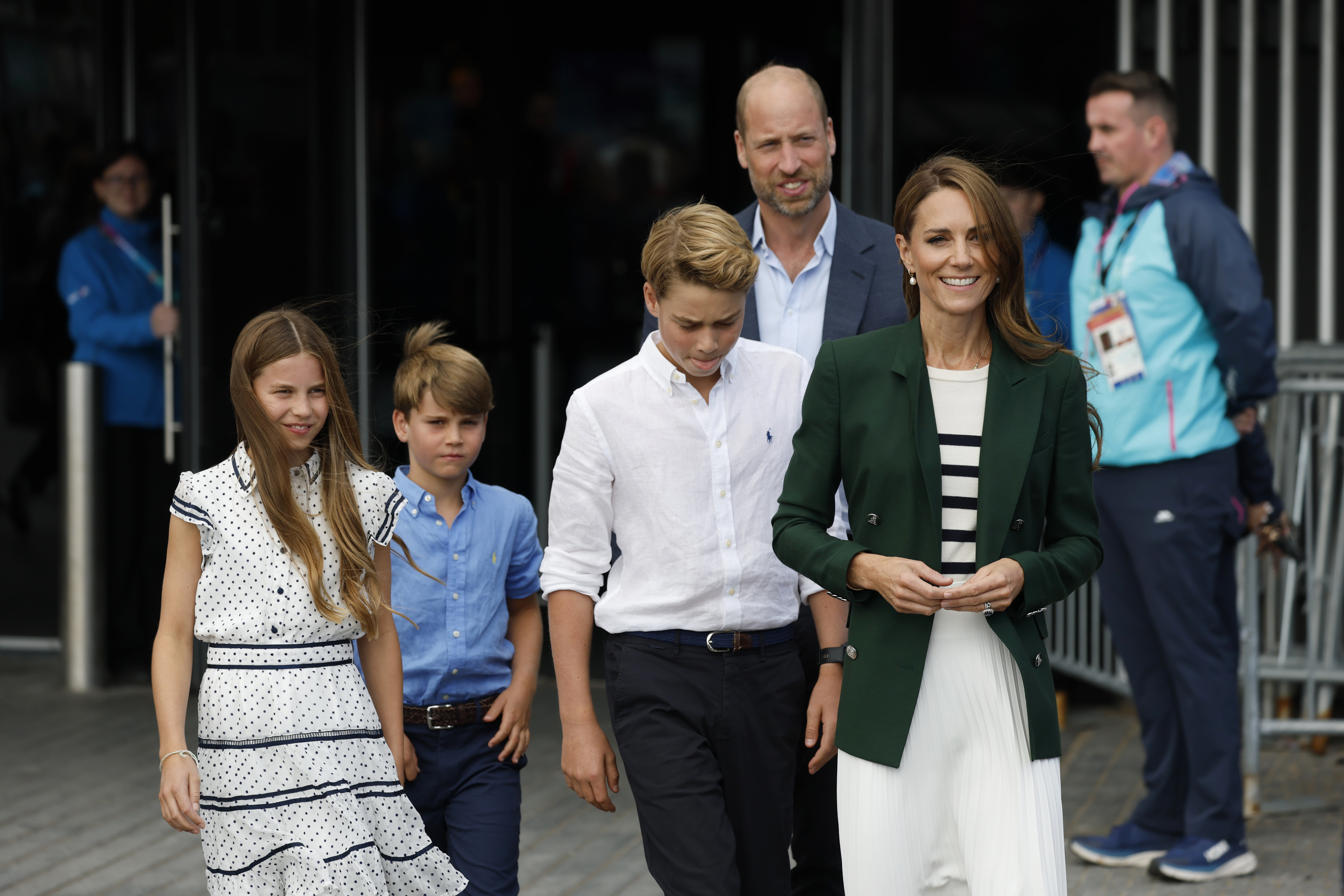 Prince William and Princess Kate with Prince George, Princess Charlotte and Prince Louis arrive for the Glasgow 2026 Commonwealth Games at The Hydro on August 1, 2026 in Glasgow, Scotland