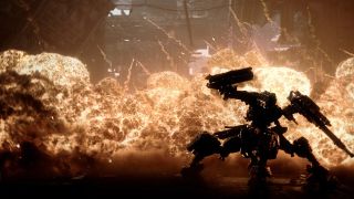 Still from the video game Armored Core VI: Fires of Rubicon. In the foreground is a giant mech robot. In the background is a giant fiery explosion.