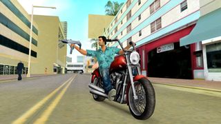 A player riding a red motorbike in GTA Vice City Stories