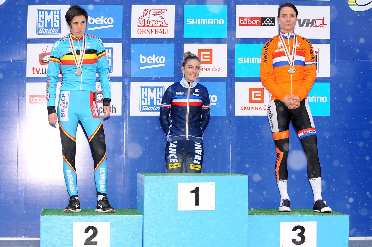The women's podium: Sanne Cant, Pauline Ferrand Prevot and Marianne Vos