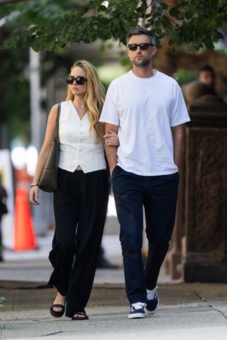 Jennifer Lawrence (L) and Cooke Maroney are seen in the Upper West Side on August 22, 2023 in New York City.