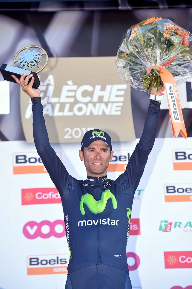 Alejandro Valverde with his stage trophy.