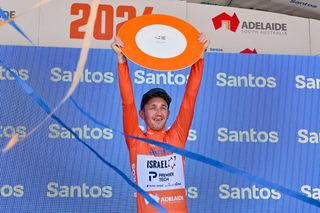 Race winner Israel Premier Techs British rider Stephen Williams celebrates on the podium after the final stage of the Tour Down Under cycling race in Adelaide on January 21 2024 Photo by Brenton EDWARDS AFP IMAGE RESTRICTED TO EDITORIAL USE STRICTLY NO COMMERCIAL USE Photo by BRENTON EDWARDSAFP via Getty Images