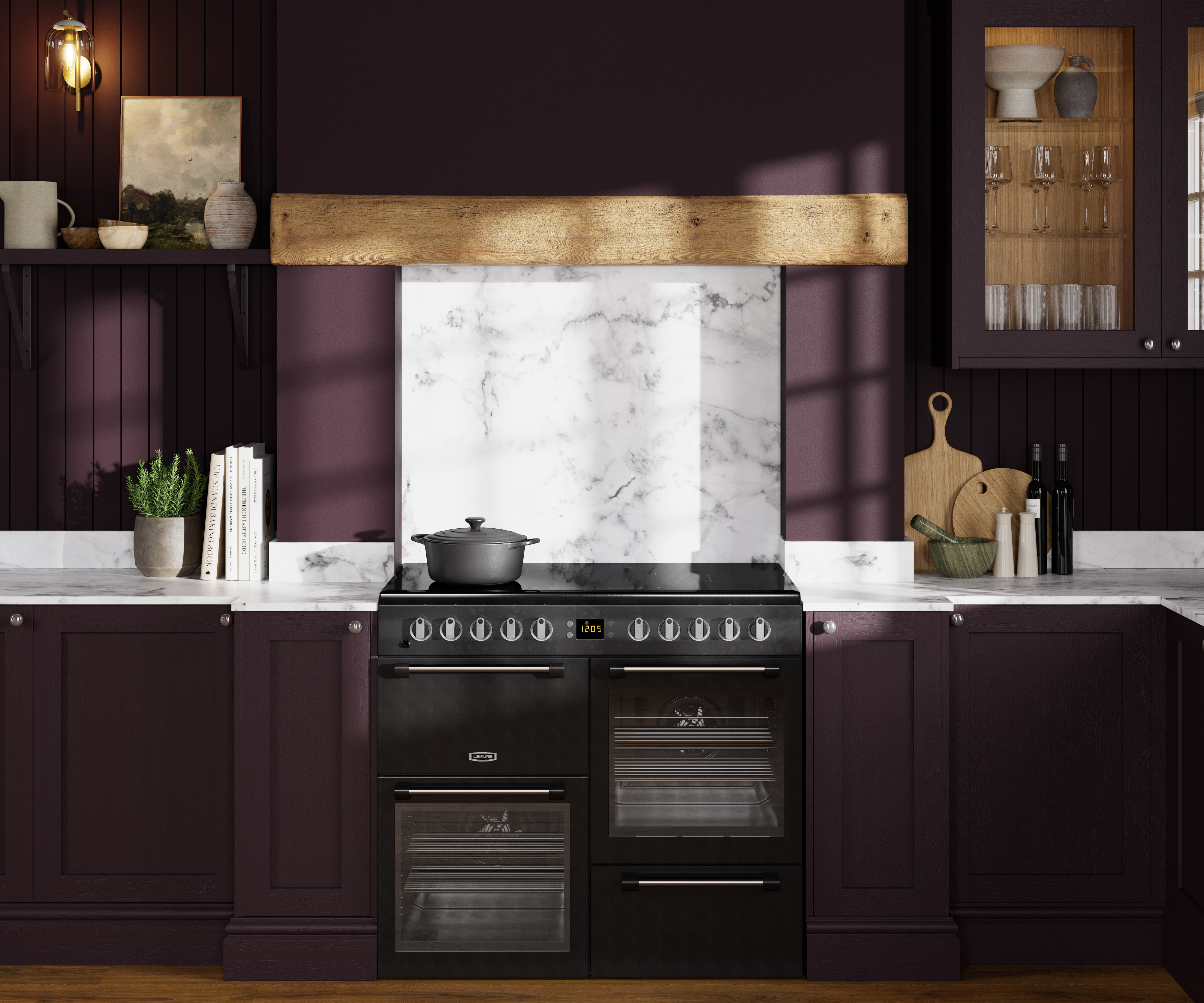 kitchen in dark purple with walls painted to match and white splashback behind cooker