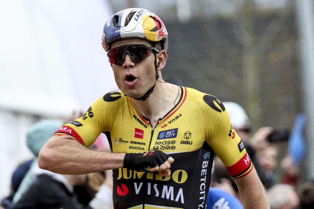 Belgian Wout van Aert of Team JumboVisma celebrates after winning the E3 Saxo Bank Classic one day cycling race 2041km from and to Harelbeke on March 24 2023 Photo by DAVID PINTENS Belga AFP Belgium OUT Photo by DAVID PINTENSBelgaAFP via Getty Images