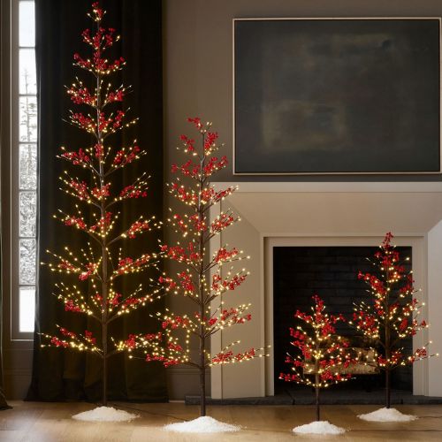 Four red and yellow twinkling christmas tree decorations