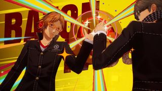 Persona 4 Revival screenshot shows the protagonist and Yosuke high-fiving for a baton pass.
