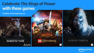 Three Lord of the Rings video game covers on a blue Amazon Prime Gaming background