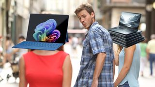 A common internet meme depicting a man looking at the Surface Pro 11 with a stack of other PCs in the background.