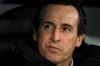 Aston Villa manager Unai Emery looks on from the dugout during the Champions League last 16 first leg match against Club Brugge at Jan Breydel Stadium in Bruges, Belgium on 4 March, 2025