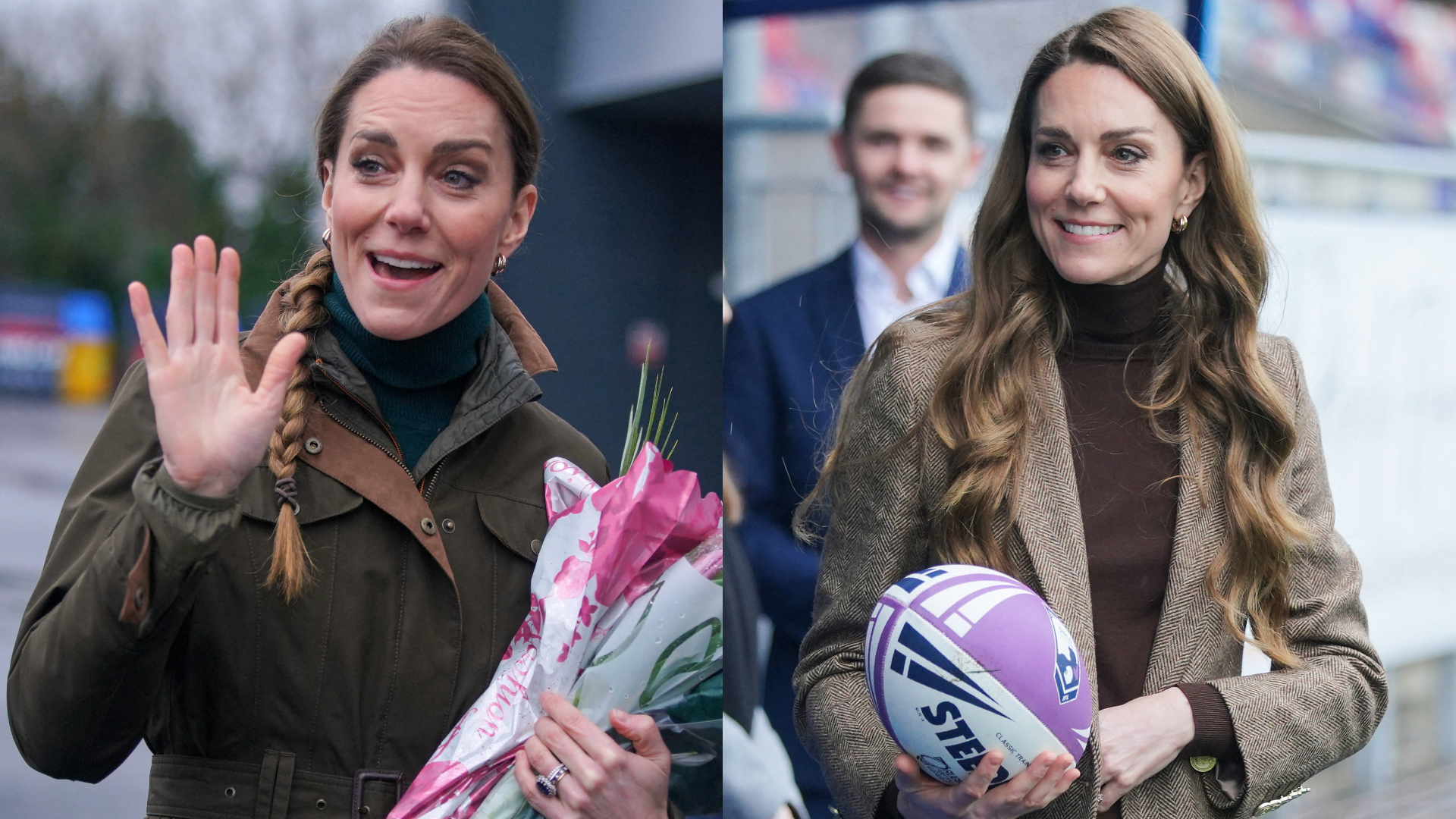 Princess Kate waving holding flowers; Princess Kate holding a rugby ball and smiling
