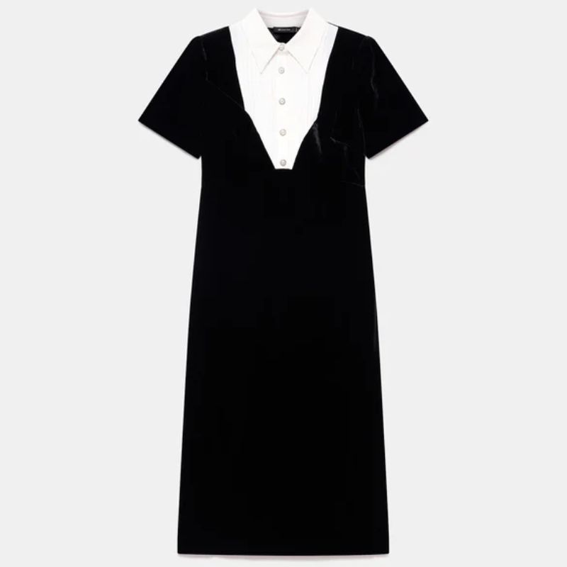 black velvet midi dress with white shirt collar by Mint Velvet