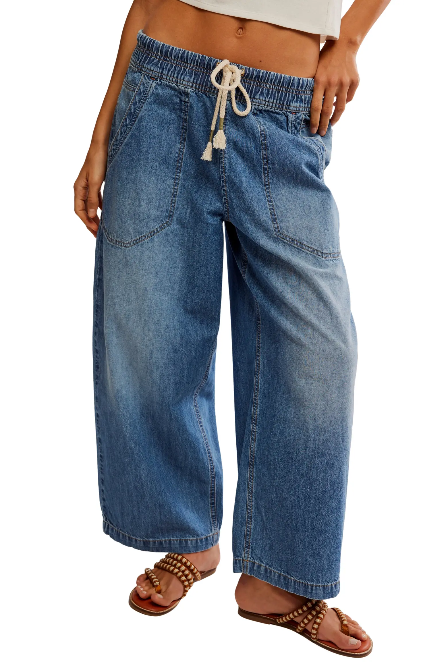 Free People, Easy Peasy Wide Leg Mid Rise Denim Drawstring Pants