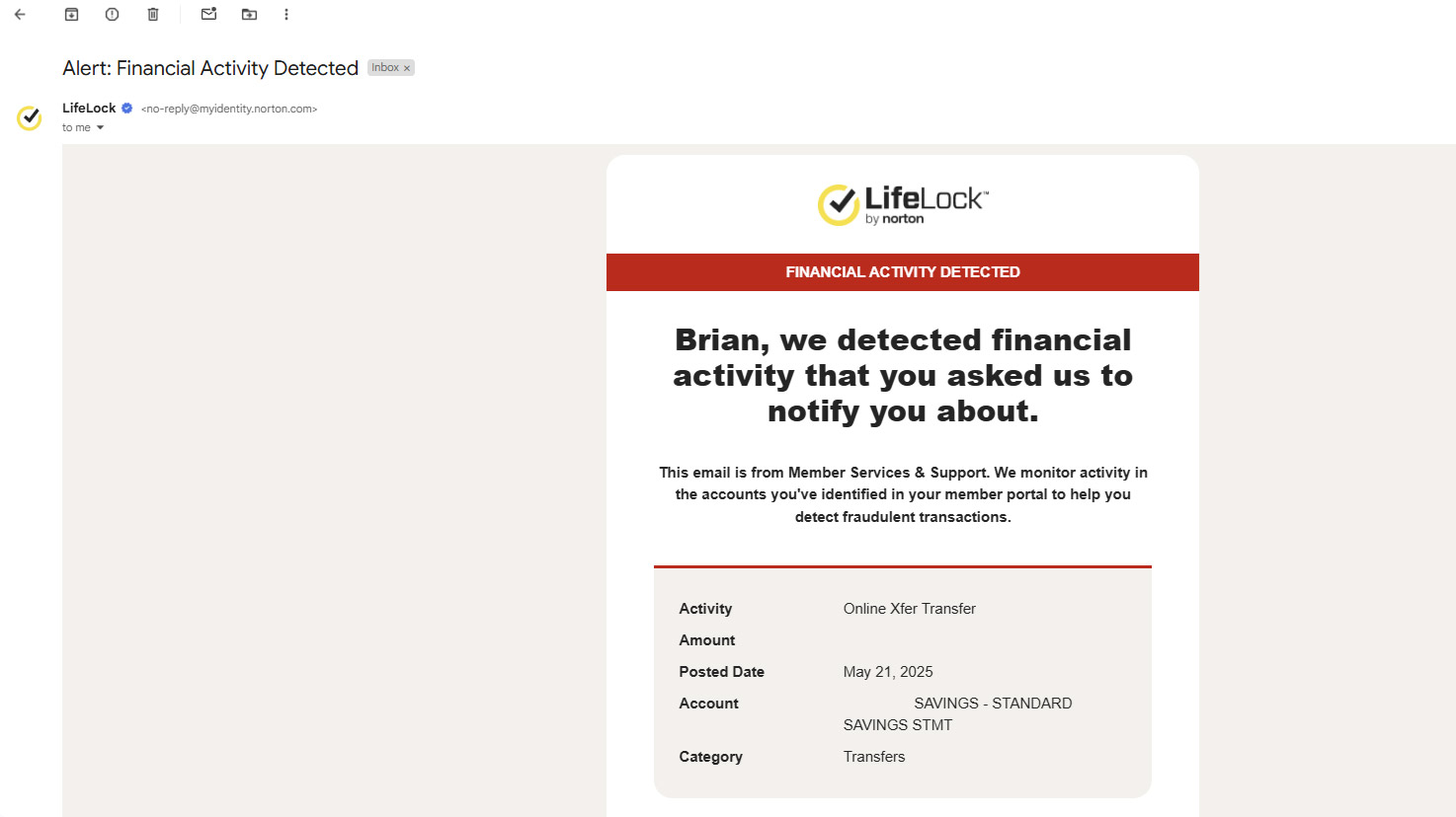Screenshot of the LifeLock web interface
