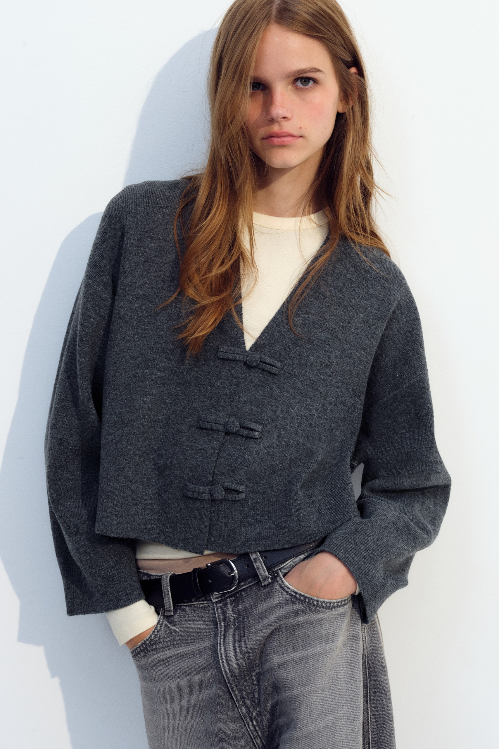 V-Neck Knot-Button Cardigan