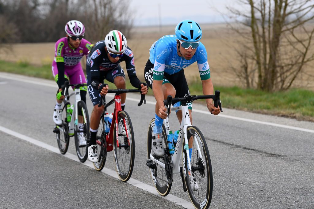 MILAN ITALY MARCH 16 LR Martin Marcellusi of Italy and Team Bardiani Csf Faizane Juan Diego Alba Bolivar of Colombia and Team Drone Hopper Androni Giocattoli Sidermec and Daniel Viegas of Portugal and EoloKometa Cycling Team compete in the breakaway during the 103rd MilanoTorino 2022 a 197km one day race from Magenta to Rivoli MilanoTorino on March 16 2022 in Milan Italy Photo by Tim de WaeleGetty Images