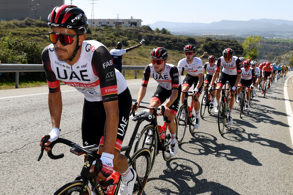 VALLTER 2000 SETCASES VALL CAMPRODON SPAIN MARCH 24 Juan Sebastin Molano Benavides of Colombia Marc Hirschi of Switzerland Brandon Mcnulty of United States and UAE Team Emirates Yellow Best Young Jersey during the 100th Volta Ciclista a Catalunya 2021 Stage 3 a 2031km stage from Canal Olmpic de Catalunya to Vallter 2000 Setcases Vall Camprodon 2125m VoltaCatalunya100 on March 24 2021 in Vallter 2000 Setcases Vall Camprodon Spain Photo by David RamosGetty Images