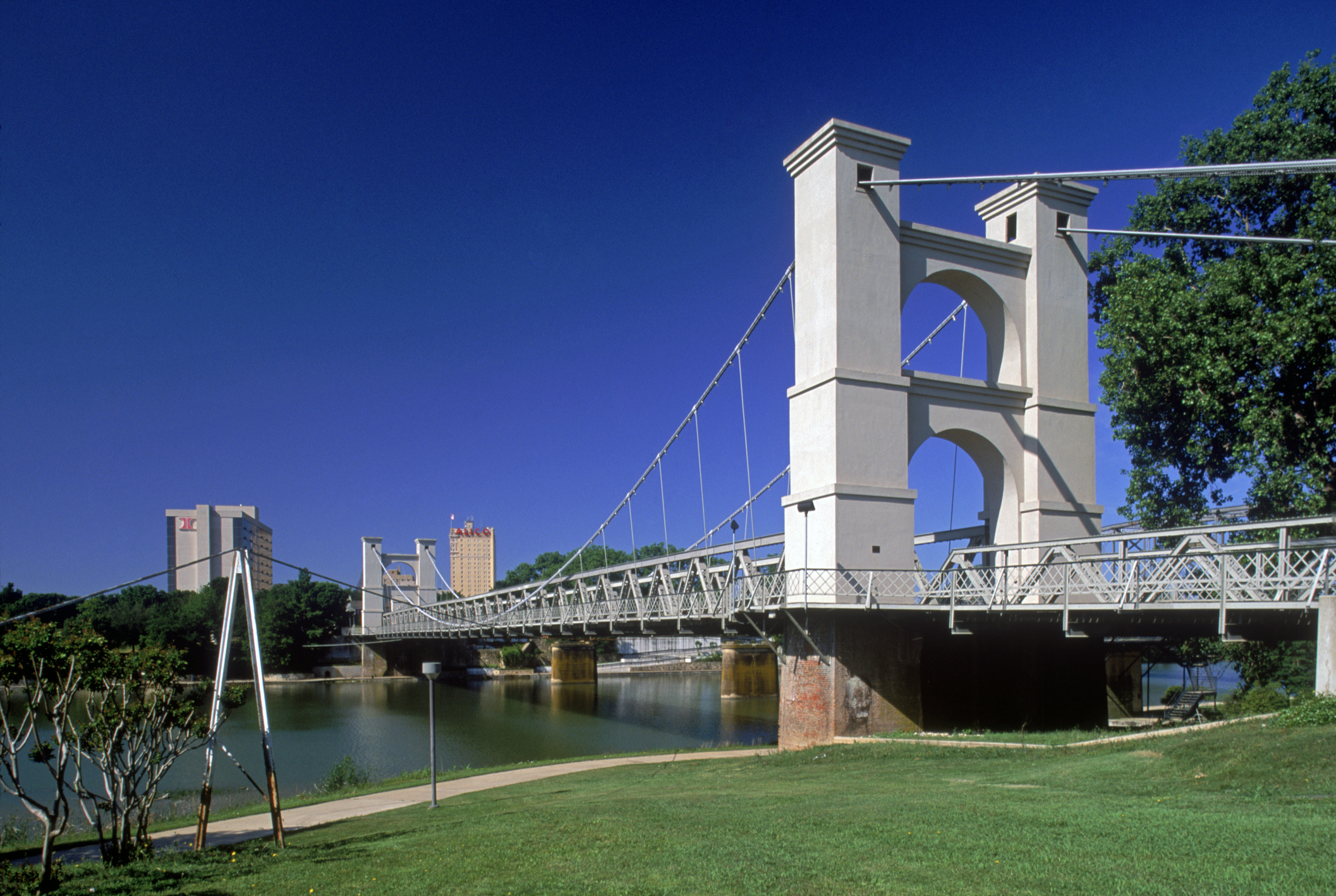 A view of the Waco Suspension Bridge in Waco Texas