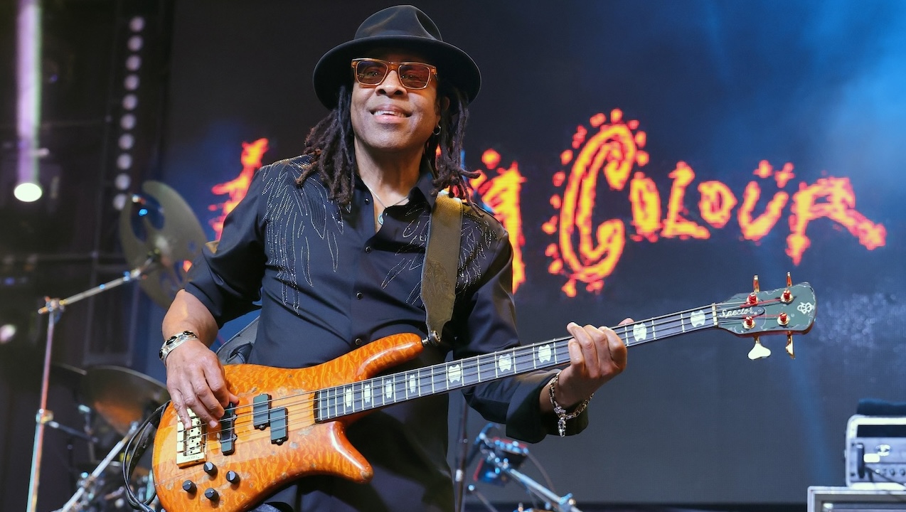 Doug Wimbish of Living Colour performs at the Fremont Street Experience on April 18, 2025 in Las Vegas, Nevada.