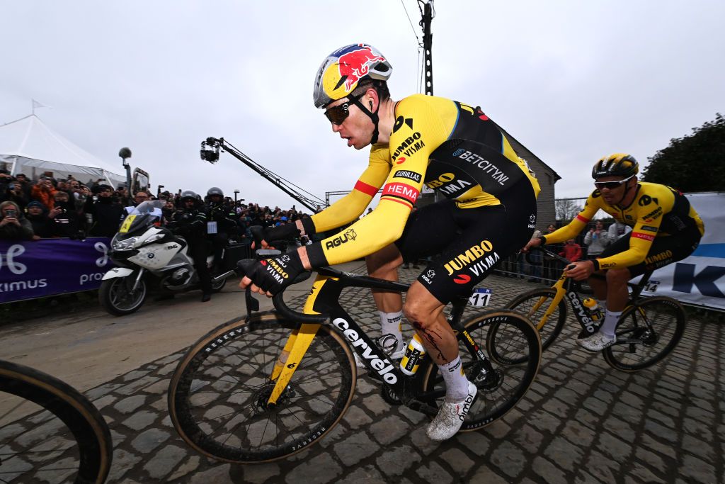 OUDENAARDE BELGIUM APRIL 02 Wout Van Aert of Belgium and Team JumboVisma competes at Paterberg cobblestones sector during the 107th Ronde van Vlaanderen Tour des Flandres 2023 Mens Elite a 2734km one day race from Brugge to Oudenaarde UCIWT on April 02 2023 in Brugge Belgium Photo by Tim de WaeleGetty Images