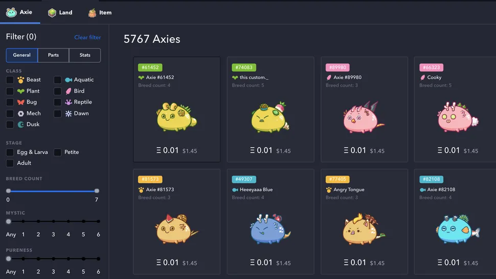 Uma lista de "eixos" disponíveis para venda