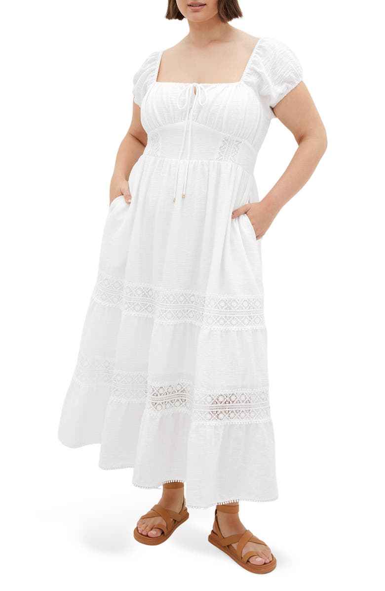 Haven Lace Inset Puff Sleeve Midi Dress