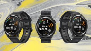 Reloj Huawei Watch GT Runner sobre fondo abstracto amarillo y gris