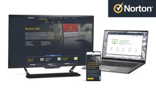 Norton Antivirus körs på ett antal olika enheter som en laptop, datorskärm och en mobil. Visas mot en vit bakgrund.