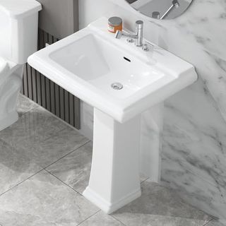 Homlylink Pedestal Sink 26 X 20 Inch Bathroom Pedestal Sink Ceramic Pedestal Sink for Bathroom Glossy White Pedestal Sink Bath Pedestal Sink Combo,with 1 Overflow Hole & 3 Faucet Hole