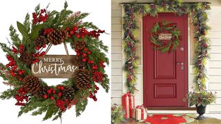 best Christmas wreath with a merry Christmas wooden sign and foliage surround