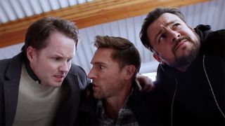 Tyler Hynes, Paul Campbell and Andrew Walker huddle in Three Wiser Men and a Boy.