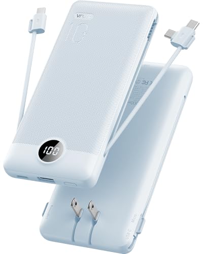 Vrurc Portable Charger Built-In Cables and Ac Wall Plug, Usb C Power Bank 10000mah, Travel Essentials Phone Charger Compact Lightweight External Battery Pack for Smart Phones, Tablets Etc-Blue