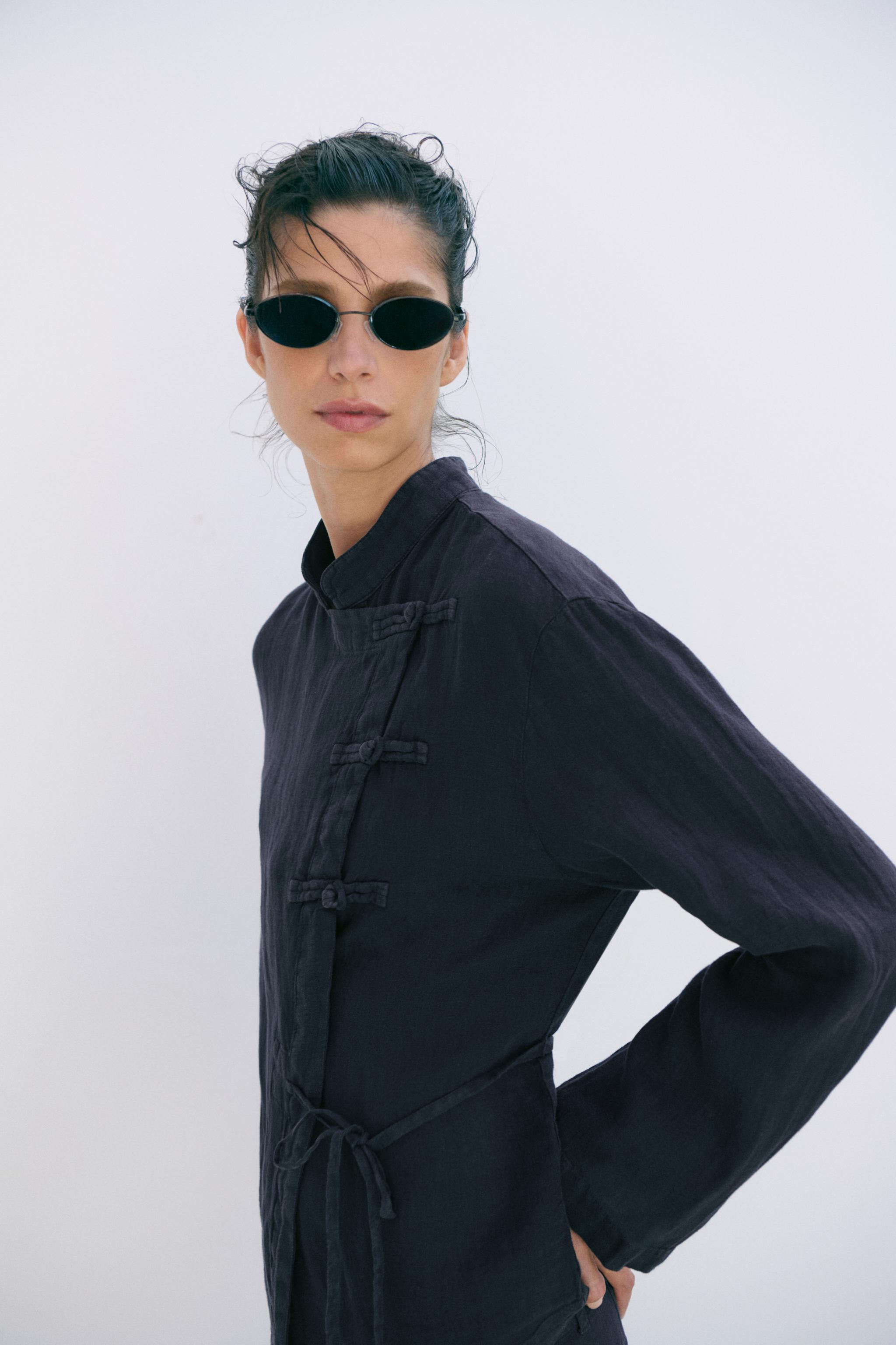 Zw Collection 100% Linen Wrap Blouse - Blue - Xs