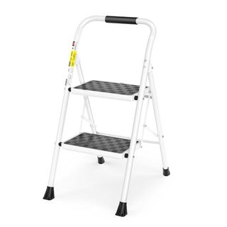 A white metal folding step ladder with two steps, lined with black rubber for grip