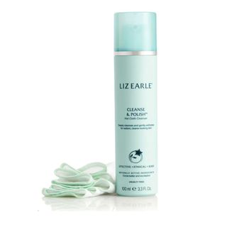 a packshot of liz earle cleanse and polish bottle and muslin cloth