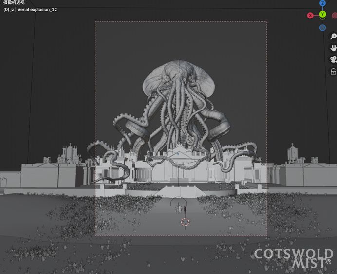 Cotswold Mist; before and after images of a fantasy illustration showing a large creature standing above an English country manor