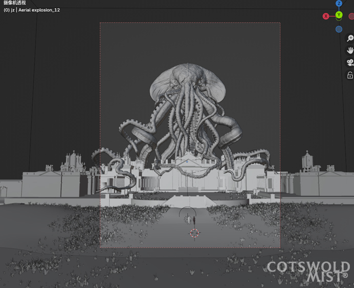Cotswold Mist; before and after images of a fantasy illustration showing a large creature standing above an English country manor
