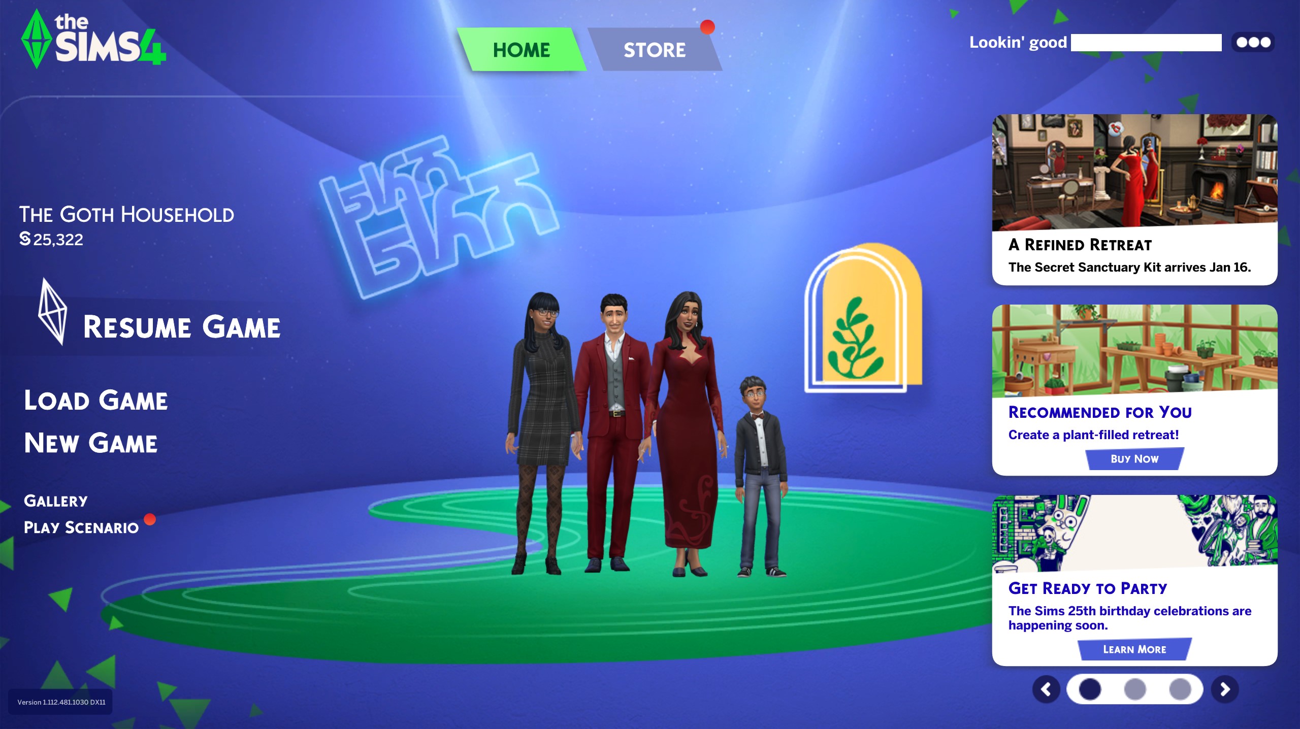 The Sims 4 new start screen showing the goth family in the center with modules on the sides.