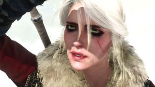 A close up of Ciri holding her arm up while she looks at the sky in the RPG The Witcher 3: Wild Hunt.
