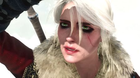 A close up of Ciri holding her arm up while she looks at the sky in the RPG The Witcher 3: Wild Hunt. 
