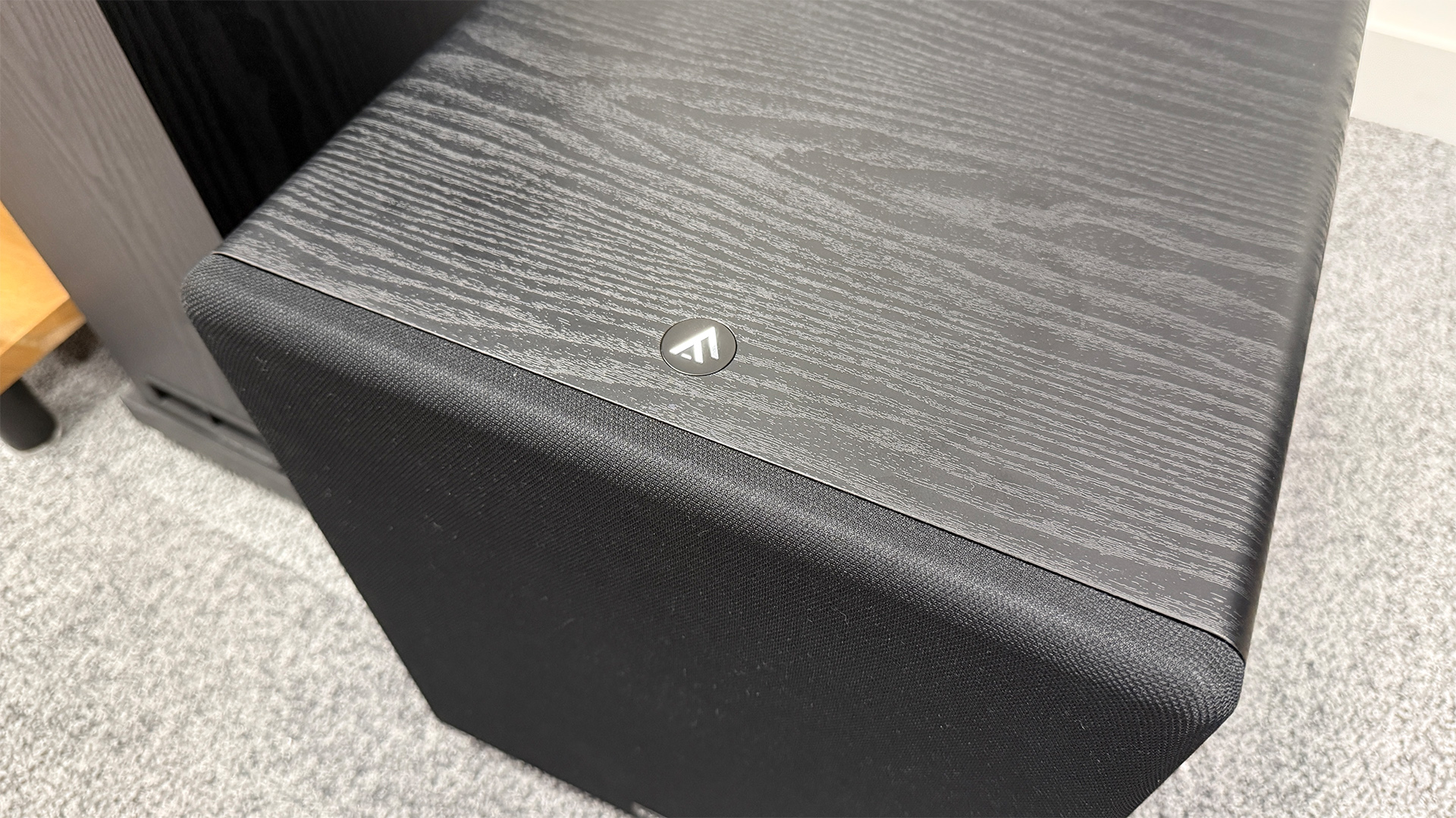 Fyne Audio F500E AV Pack 2 speaker package subwoofer on grey carpet