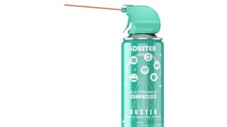A teal colored air canister sold by iDuster